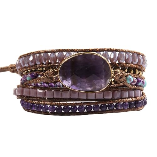 Women Wrap Bracelet Boho Natural Jasper Crystal Stone Beads Strand Bracelets - color: Style 08-Amethyst
