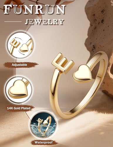 FUNRUN JEWELRY Gold Initial Ring for Women Non Tarnish 14K Gold Plated | Adjustable Letter Rings A-Z Dainty Heart Alphabet Stackable Band Rings Trendy Capital Letter Pinky Knuckle Thumb Ring - style: E Initial Ring