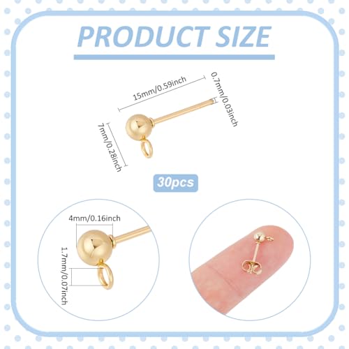 UNICRAFTALE About 30Pcs Real 24K Gold Plated Stud Earring Findings 15x7mm Golden Ball Post Stud Earrings with Ear Nuts and Loop Earring Findings Earrings Component for DIY Jewellery Making - color: Golden