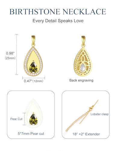 Birthstone Pendant Necklaces for Women 925 Sterling Silver Teardrop Pendant Necklace Birthday Jewelry Gift, 18"+2" Inches - color: 08 - Peridot