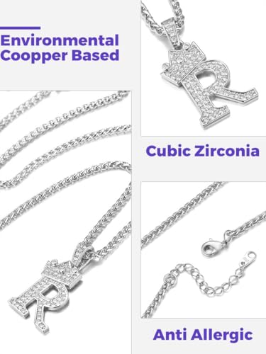 Richsteel Silver Crown Initial A-Z Letter Pendant Necklace for Men Women | Cubic Zirconia Monogram, 316L Steel Chain, 22" + 2" Extender,Hypoallergenic,Gift Box, Hip Hop Jewelry - style: R