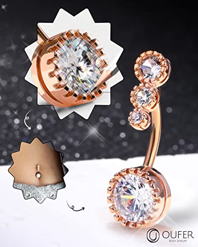 OUFER 316L Surgical Steel Belly Button Rings, Clear CZ Navel Rings, Belly Piercing Jewelry - color: Rosegold Bar, Clear CZ