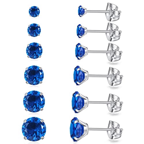 6 Pairs Stud Earrings Set, Hypoallergenic Cubic Zirconia Earrings 316L Stainless Steel CZ Earrings 3-8mm - color: A-Royal blue CZ