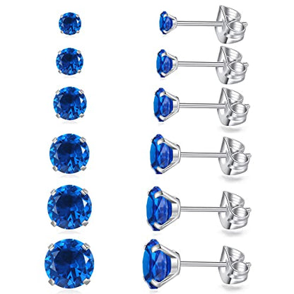 6 Pairs Stud Earrings Set, Hypoallergenic Cubic Zirconia Earrings 316L Stainless Steel CZ Earrings 3-8mm - color: A-Royal blue CZ