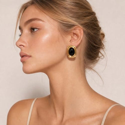 Chunky Gold Stud Earrings for Women 18K Gold Plated Hypoallergenic Chunky Statement Earrings Big Natural Crystal Stone Earring Gift for Women - color: Black Obsidian