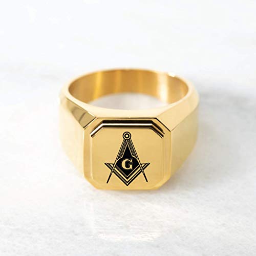 Stainless Steel Signet Biker Rings for Men, Masonic Symbol Square Flat Top (Black, Gold, Silver), Size 7-16 - color: Gold - Royal Compass
