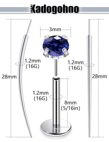 F136 Titanium 20/18/16g Internally Threaded Medusa Monroe Lip Ashley Labret Nose Rings Flat Back Tragus Helix Cartilage Conch Screw Stud Earrings Surgical Steel Piercing Jewelry for Women - color: Blue CZ, size: 16g*5/16in
