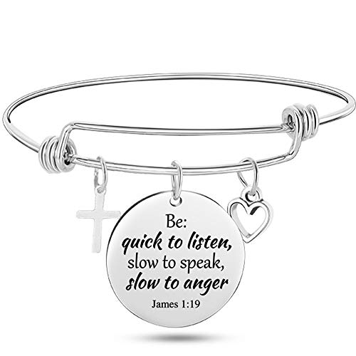 Jude Jewelers Stainless Steel Adjustable Size Christian Cross Holy Bible Verses Mantra Bangle Bracelet - style: James 1:19