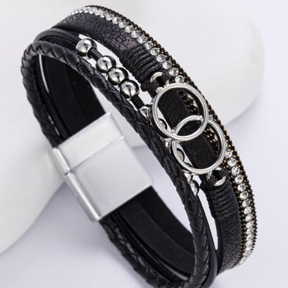 Chunky Boho Leather Wrap Bracelets Cowgirl Beaded Circle Western Jewelry | Stackable Infinity Layered Bohemian Magnetic Clasp Cuff Statement Fashion Colorful Country Hippie Outfits for Women Trendy - color: Black