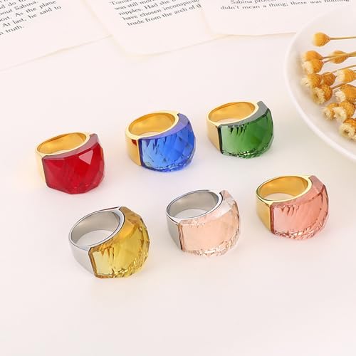 Crystal Glass Stainless Steel Band Ring Gold-Tone Plated Fashion Exaggerated Cubic Zirconia Rings Women's Stunning Large Statement Rhinestone Bands Cocktail Party Ring for Ladies Birthday - color: Blue, size: 10