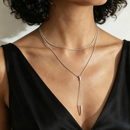 EPIRORA Layered Necklaces for Women, 16” & 20“ Double-Layer Lariat Necklace | 14k Gold/Silver Plated Long Necklaces for Women Trendy Layered Bar Pendant Drop Necklace Lariat Y Necklace Prom Jewelry Gifts - color: Silver