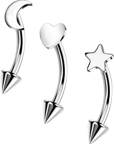 OUFER Rook Piercing Jewelry, G23 Solid Titanium Eyebrow Rings, Heart Vertical Labret Lip Jewelry, 16G Curved Barbells, Daith Rook Earrings for Women Men - color: Silver 3pack, size: 16G 8mm