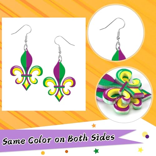 8 Pairs Mardi Gras Acrylic Earrings for Women | Mask Crown Fleur De Lis Earrings, Carnival Fat Tuesday Gifts Parade Party Accessory, Lightweight Acrylic, Double Sided - style: Mardi Gras Style A