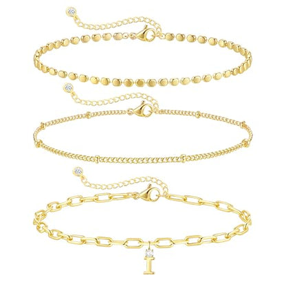 ZHESHY Gold Initial Bracelets for Women Dainty Letter A-Z Charm Bracelets Non Tarnish 14K Gold Plated Stackable Layered Paperclip Link Chain Bracelets Stack Set Personalized Gifts Womens Jewelry - color: Gold I
