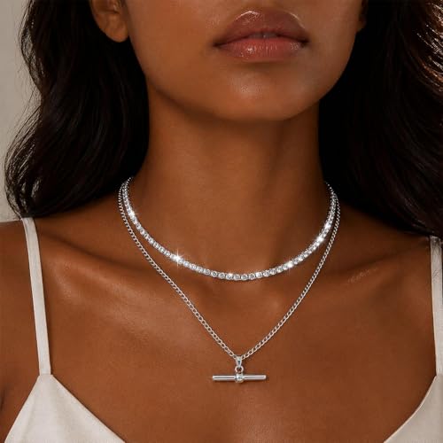 Layered Necklaces for Women Pearl Necklace Stack Gold T Bar Necklace Set Dainty Heart Pendant Jewelry Trendy 2026 Fashion Accessories Gifts - color: B6:2pcs-tennis-silver