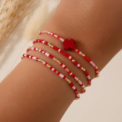 Christian Cross Christmas Stackable Seed Beaded Bracelets for Women, Boho Colorful Healing Stretch Accessories God Christ Pray Faith Amulet Jewelry, Daily Party Holiday Friendship Gift - color: Red