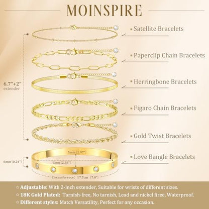MOINSPIRE Bracelets for Women Non Tarnish, Dainty 18K Gold Plated Bracelets Stack Trendy Waterproof Stackable Bangles, Cuban Link Paperclip Chain Jewelry Set Fashion Accessories Gifts for Women - color: A1--Gold Clip Bead + Bracelet