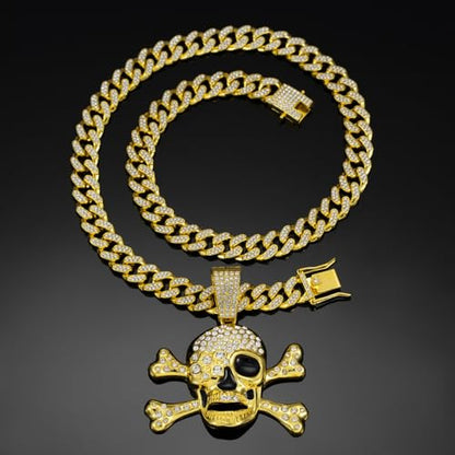 Slip Chain Choker for Women Handmade Black Stainless Steel Cuban Chain Chunky Moon Bat Raven Skull Pendant Gothic Punk Rock Collar Adjustable Lariat Y Necklace for Men - style: Golden Skull