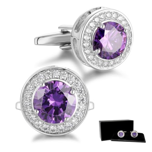 Crystal Cufflinks for Men CZ Cuff Links Sparkle Diamond Gold Ornate Cufflinks for Wedding Groom Best Man - style: Purple