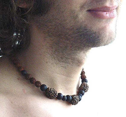 Energized Rudraksha Shiva Necklace - HANDMADE, Hindu Meditation Mala with Original 5 and 3 Mukhi Face Rudraksh Beads, Negative Energy Protection Jewelry for Men and Women