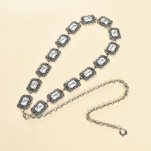 ILuvatar Green Glass Diamond Chain Belt - Metal Women's Western Style Dress Belt - color: Silver-70