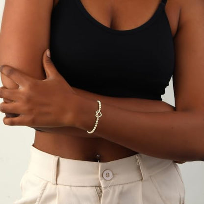 Beaded Bracelets for Women 14K Silver Gold Plated Stretch Handmade Ball Bracelets Cute Charm Bracelet Dainty Stackable Cross Heart Bow Wave CZ Circle Trendy Jewelry Easter Gifts - color: knot-heart