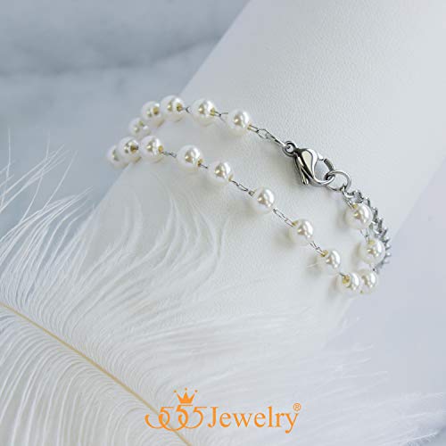 555Jewelry Extendable Pearls Beaded Charm Bracelet for Women & Ladies 7.5 Inch - color: Silver
