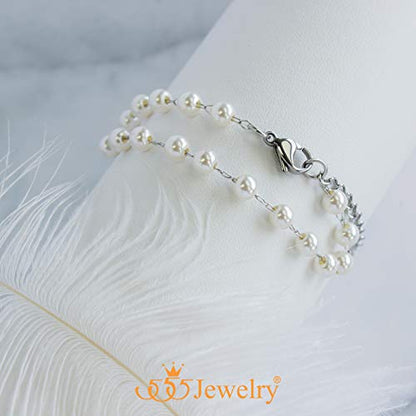 555Jewelry Extendable Pearls Beaded Charm Bracelet for Women & Ladies 7.5 Inch - color: Silver