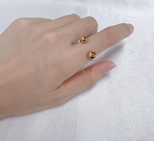NewZenro 18K Real Gold Plated Ball Statement Open Ring Dainty Minimalist Stainless Steel Double Balls Promise Adjustable Finger Band Engagement Rings for Women Her Girlfriend Jewelry Gifts