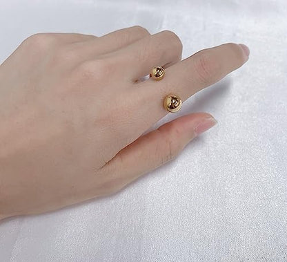 NewZenro 18K Real Gold Plated Ball Statement Open Ring Dainty Minimalist Stainless Steel Double Balls Promise Adjustable Finger Band Engagement Rings for Women Her Girlfriend Jewelry Gifts