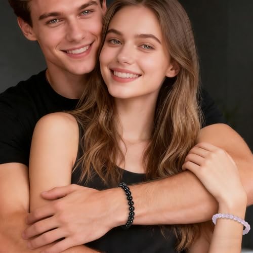 2PCS Agate Bracelet for Women Men Natural Round Beaded Agates Stone Healing Stretch Bracelets Elastic Handmade Polished Gemstone Beads Bracelet - color: Black+Pink Quartz, size: 8mm Beads