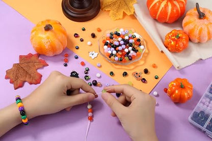 Halloween Beads for Friendship Bracelet Kit,400+ Pcs Halloween Glass Beads and Black Letter Bracelet Making Kit, DIY Crafts for Party - color: Halloween Glass Bead Set