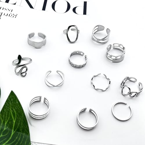 17PCS Silver Knuckle Rings for Women Stainless Steel Rings Set Midi Stackable Rings Simple Smooth Finger Rings Silver Adjustable Rings Jewelry Gift - color: 12 PCS