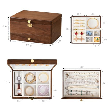 Black Walnut Jewelry Box for Women, Top Lock Wooden Organizer with Drawer | 3 Layer, Solid Wood, Removable Tray, Lock Key, Necklace Ring Earrings Watch Bracelet Case, Handcrafted, Gift for Mom Girls - color: 3 Layer Top Lock