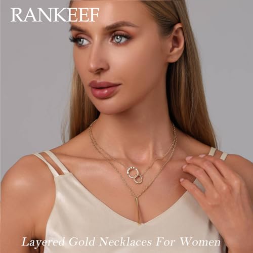 RANKEEF Layered Gold Necklaces For Women 14K Gold Plated Adjustable Pearl Round Piece Bar Layered Necklace Sleek Herringbone Chain Double Circle Layered Necklace Set Gold Layered Necklaces For Women