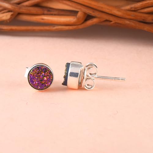 5 MM Natural Gemstone 925 Sterling Silver Hypoallergenic Studs Earrings Jewelry for Women Dainty Trendy Antiqued Silver Birthstone Earrings Jewelry Gifts for Women and Her - color: Pink Druzy