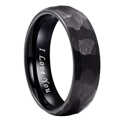 TUTISS 6mm 8mm Silver/Black/Gold/Rose Gold Hammered Tungsten Rings for Men Women Couple Fashion Jewelry Engagement Wedding Bands Domed Matte Finish Comfort Fit - color: 6mm Black I Love You Engraved