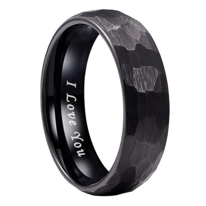 TUTISS 6mm 8mm Silver/Black/Gold/Rose Gold Hammered Tungsten Rings for Men Women Couple Fashion Jewelry Engagement Wedding Bands Domed Matte Finish Comfort Fit - color: 6mm Black I Love You Engraved