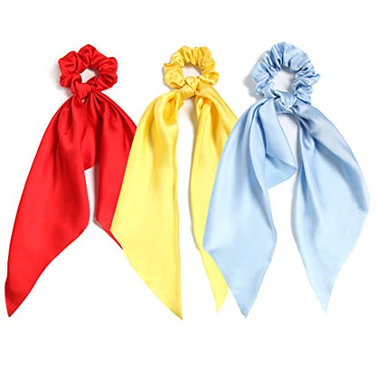 3PCS Hair Scarf Scruncheis for Women Knotted Bow Hair Ties Elastic Bands Satin Hair Ribbon Scrunchy Red Ponytail Holder for Women and Girls (Red Yellow Blue) - color: Red Yellow Blue