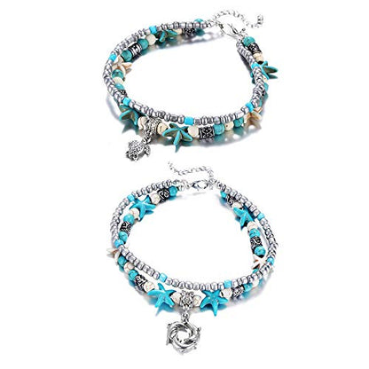 Softones Blue Starfish Turtle Anklet Multilayer Charm Beads Sea Handmade Boho Anklet Foot Jewelry for Women - style: F:2pcs Turtle Dolphin