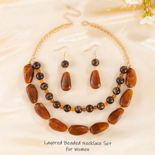 Layered Beaded Necklace and Earring Set Acrylic Beads Necklace Set Bohemian Chunky Jewelry Set for Women Beach - color: Brown