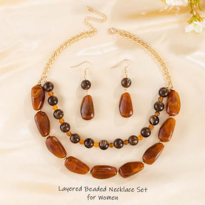 Layered Beaded Necklace and Earring Set Acrylic Beads Necklace Set Bohemian Chunky Jewelry Set for Women Beach - color: Brown
