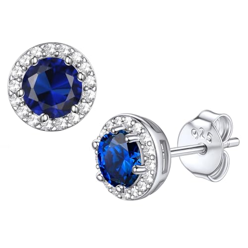 Bestyle 8mm Small Birthstone Earrings for Women with Hypoallergenic Sterling Silver Post,Sparkle Heart/Round Womens Studs Earrings, Great Birthday/Christmas/Anniversary Jewelry for Wife Mother - color: 09. Sept. Sapphire-Round