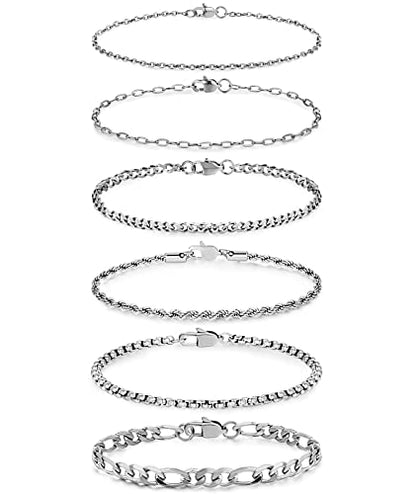Honsny 6PCS Stainless Steel Bracelets for Women Men,14K Gold Plated Cuban Link Paperclip Chain Bracelet Dainty 6.3/7/7.8/9.5 Inch Stainless Steel Bracelet Set Fashion Jewelry - color: Silver, size: 7 Inches