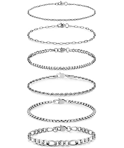 Honsny 6PCS Stainless Steel Bracelets for Women Men,14K Gold Plated Cuban Link Paperclip Chain Bracelet Dainty 6.3/7/7.8/9.5 Inch Stainless Steel Bracelet Set Fashion Jewelry - color: Silver, size: 7 Inches