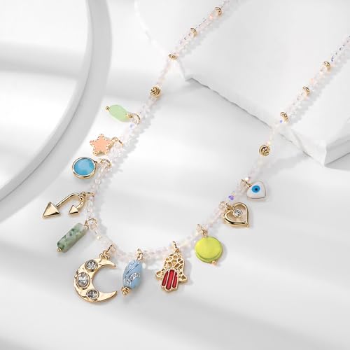 ORIGENCE Sun Heart Necklace for Women 18K Gold Plated Heart Pendant Necklace Chunky Chain Choker Necklaces Hip Hop Charm Necklaces Trendy Unisex Jewelry - style: 11Charm-Glass Bead