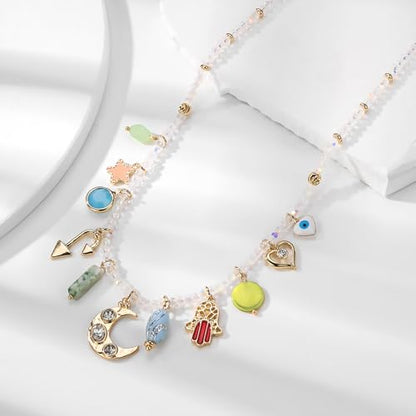 ORIGENCE Sun Heart Necklace for Women 18K Gold Plated Heart Pendant Necklace Chunky Chain Choker Necklaces Hip Hop Charm Necklaces Trendy Unisex Jewelry - style: 11Charm-Glass Bead