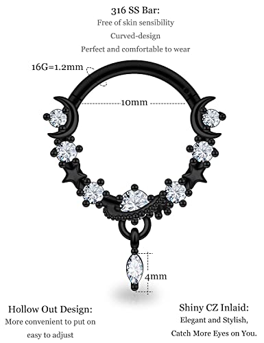 16G Dangle Elegant Septum Rings Hoop 10mm Surgical Steel Hinged Segment Septum Nose Ring Seamless Clicker Ring Cartilage Earrings Hoop Helix Tragus Piercing Jewerly - color: 16G-Dia:10mm-Black Tone