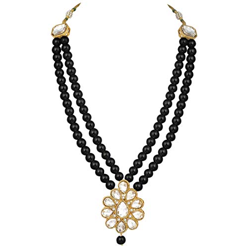 Aheli Wedding Faux Kundan Pendant Beaded Necklace Earrings Set Bollywood Indian Bharatanatyam jewellery set Gift for Women - color: Black