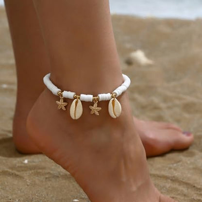 Starfish Shell Anklet for Women Gold Starfish Charm Ankle Bracelet Silver Elastic Star Seashell Anklet Adjustable Ankle Bracelet Summer Fashion Jewelry Accessories - color: gold